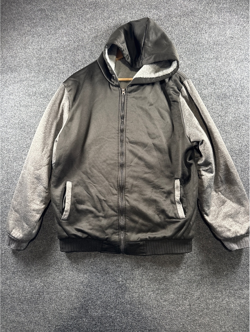 Mens Sherpa Fleece Hooded Jacket Large Black Gray Full Zip